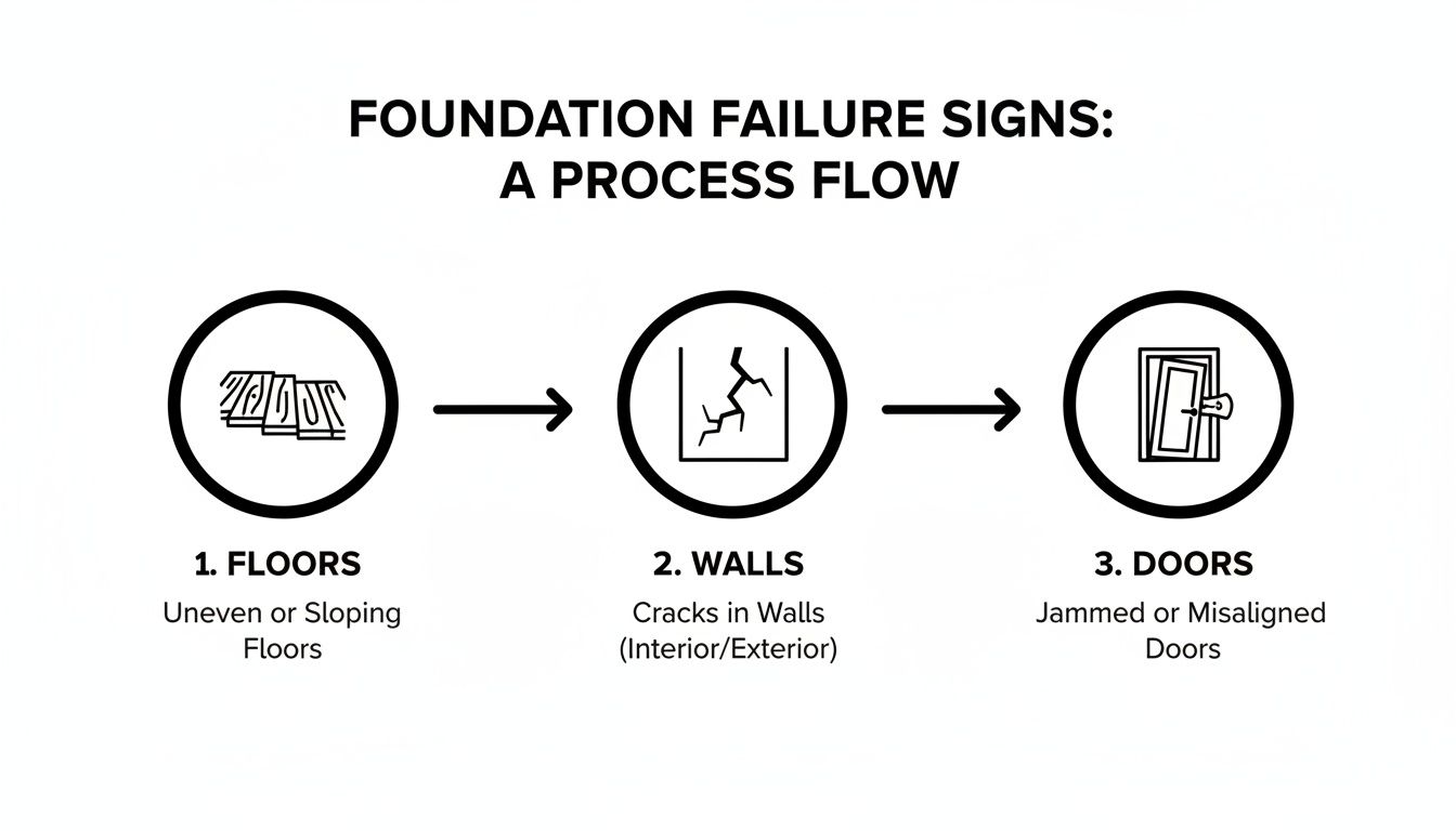 A process flow diagram illustrates three common signs of foundation failure: uneven floors, cracked walls, and misaligned doors.