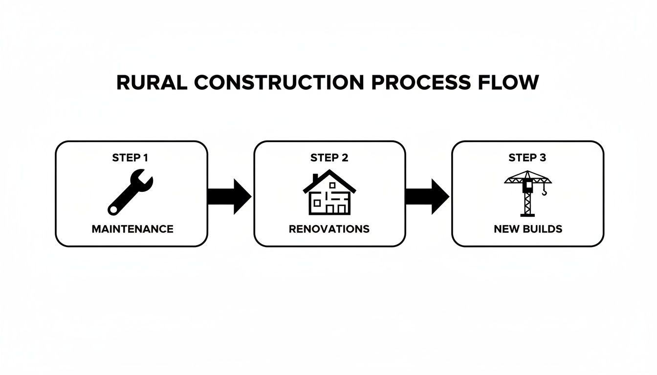 A rural construction process flow chart showing maintenance, renovations, and new builds.