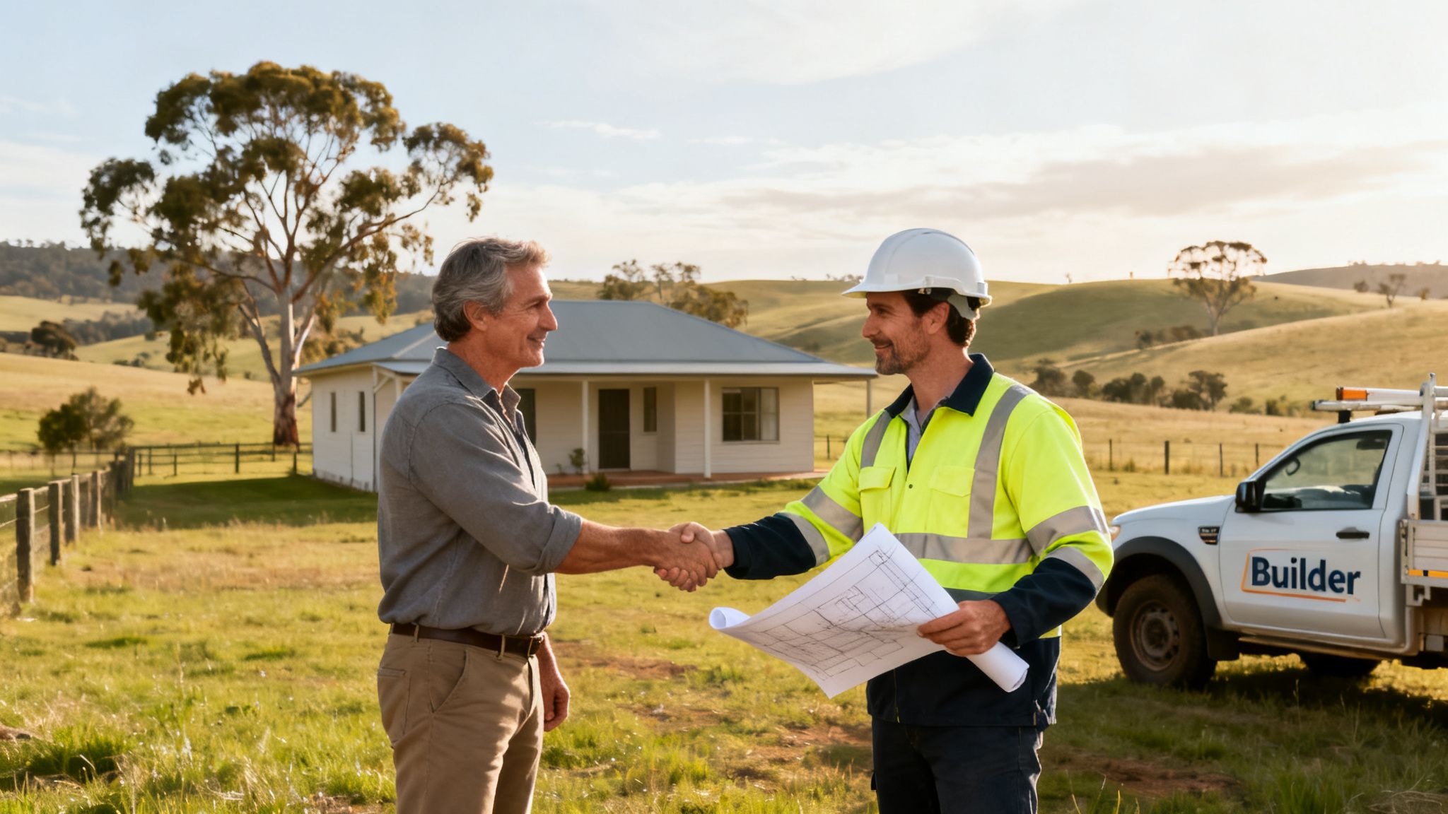 A builder in high-vis and a client shaking hands in front of a house in a rural setting.