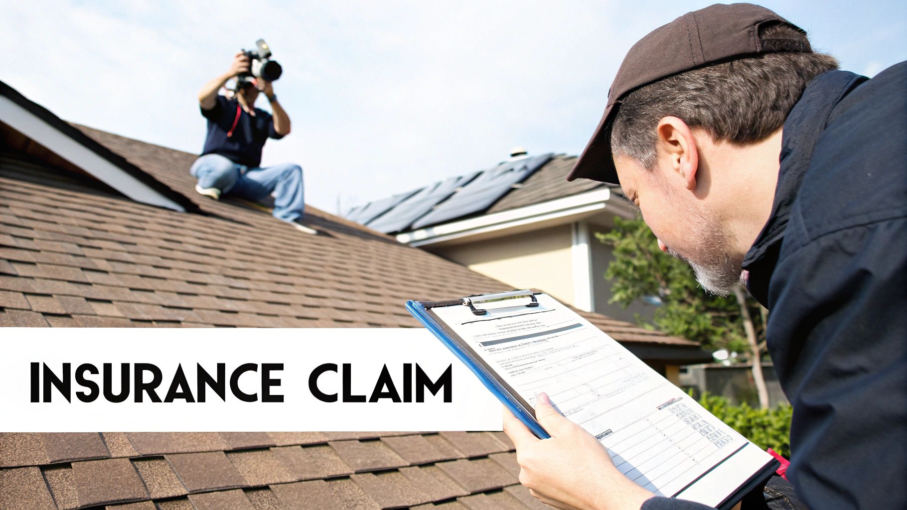 Two men on a roof, one inspecting a document and another photographing, for an insurance claim.