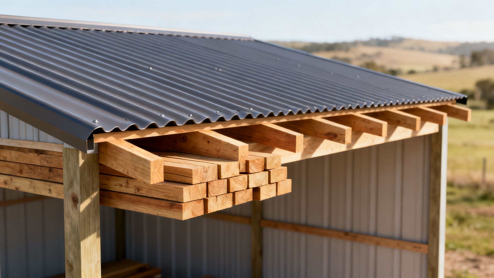 A newly constructed rural shed featuring a dark corrugated metal roof and exposed timber framing with stacked lumber.