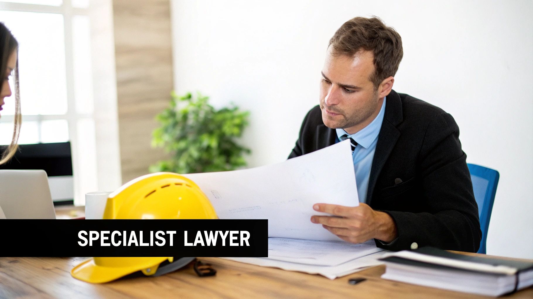 A male lawyer in a suit reviews construction documents with a hard hat on the desk, suggesting legal work for building disputes.