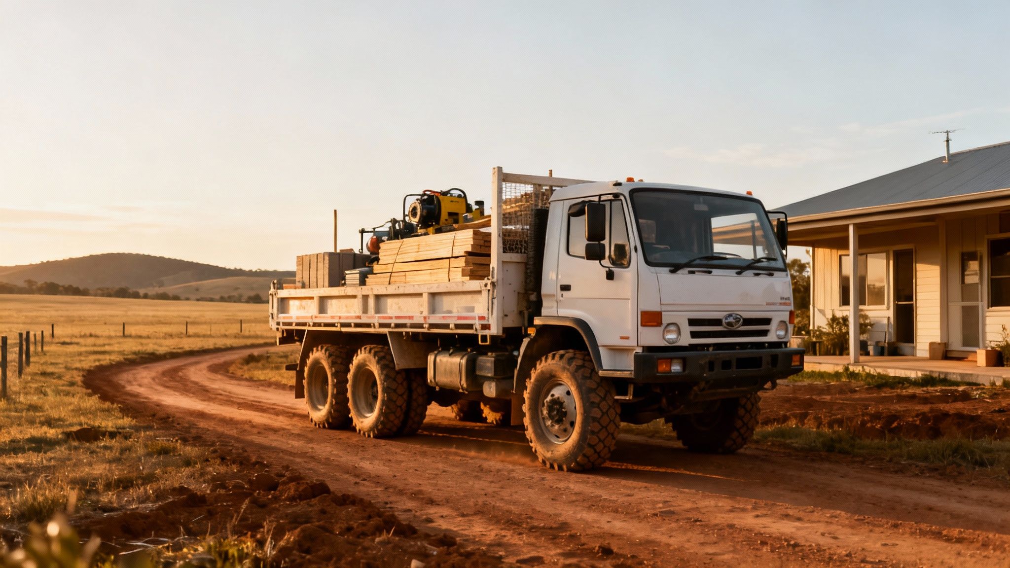 White 6x4 truck with lumber and equipment on a rural dirt road leading to a farmhouse at sunset.