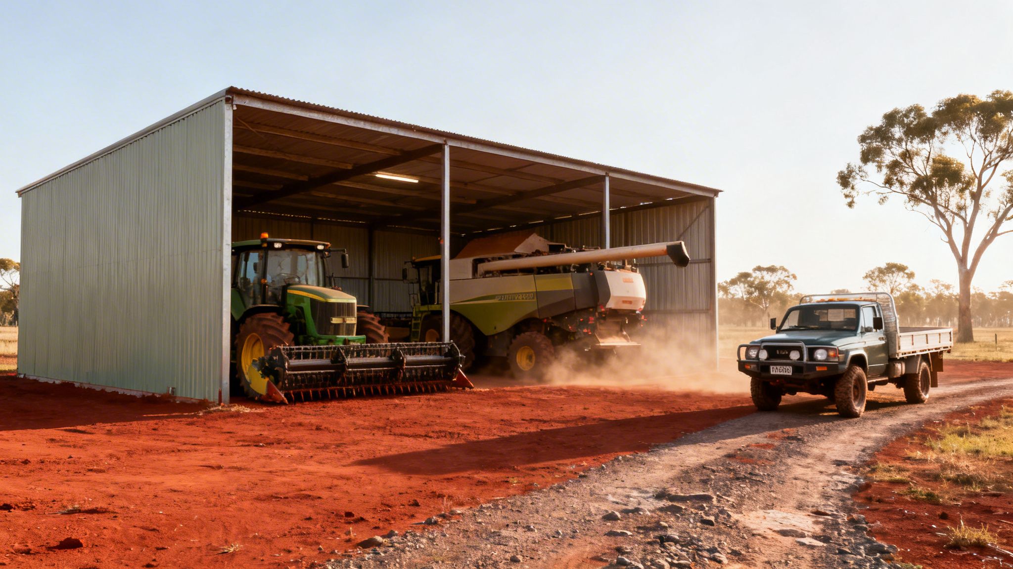 Farm machinery shed housing a green tractor and combine harvester, with a truck on a dusty red dirt road.