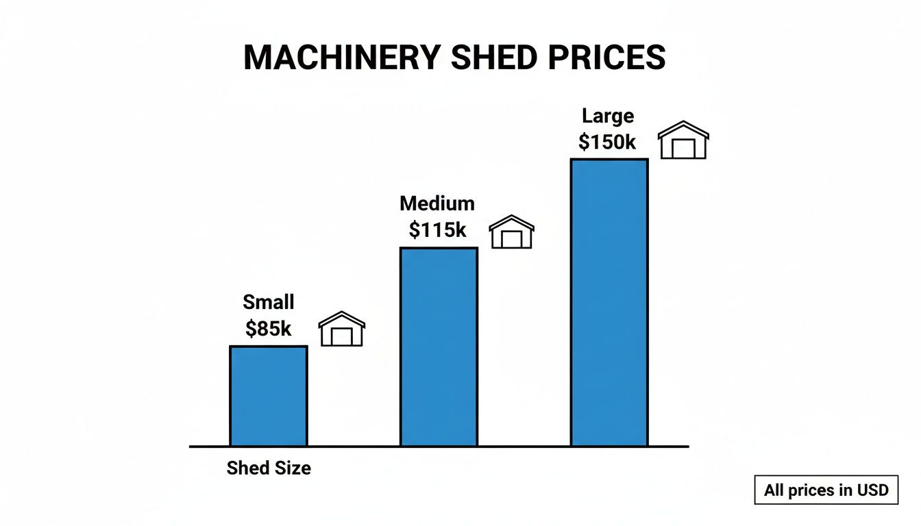 Bar chart illustrating machinery shed prices by size: Small $85k, Medium $115k, Large $150k, all in USD.