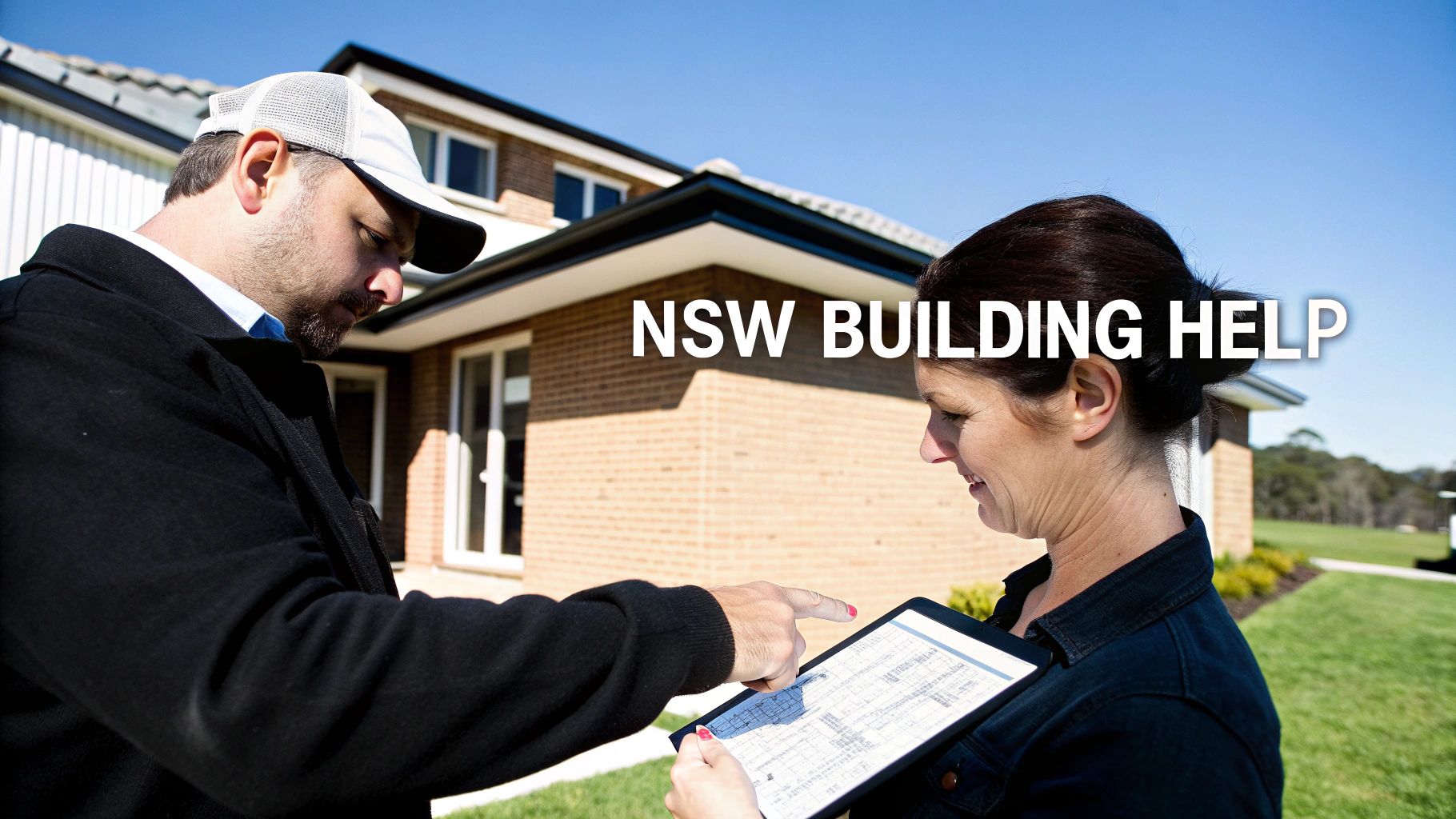 Building consultant and homeowner reviewing construction plans outside new residential property in NSW Australia