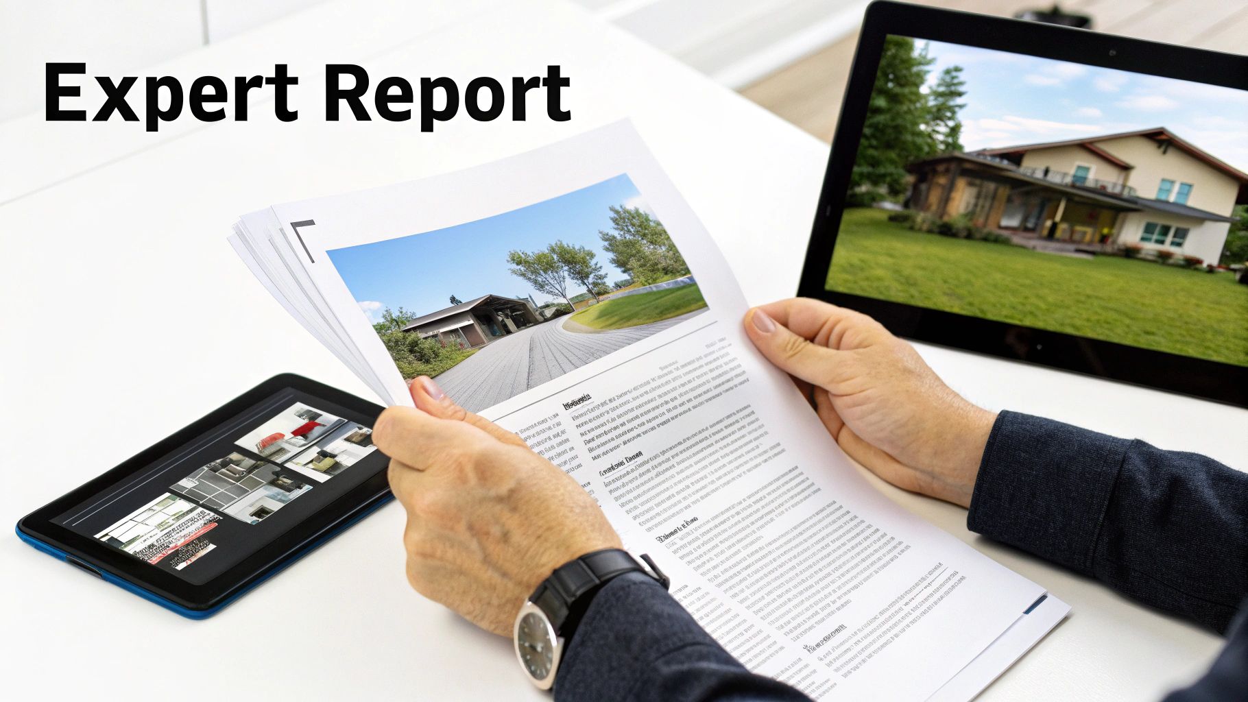 A person reviews a printed expert report with real estate images, next to a tablet and monitor showing properties.
