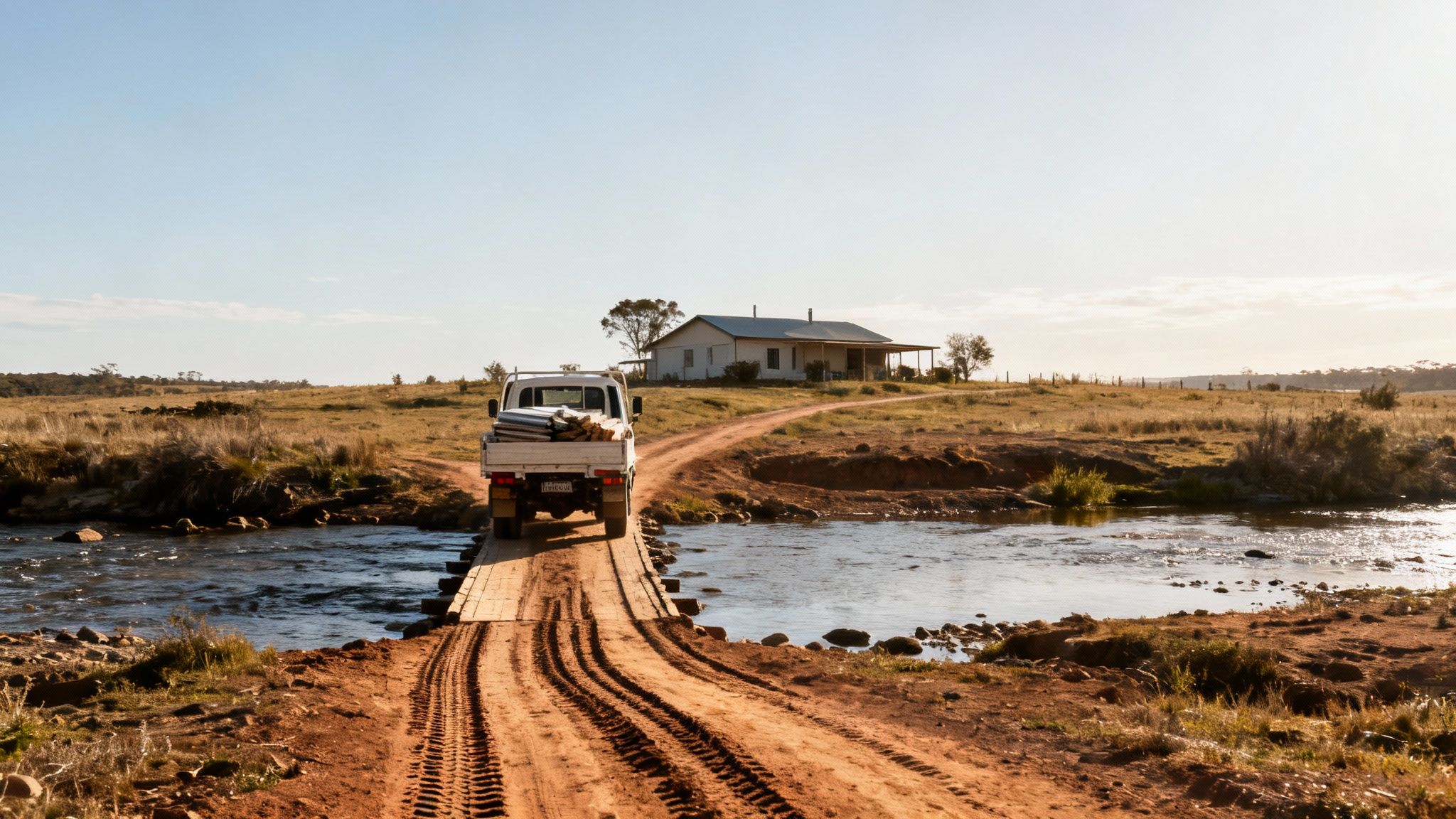 White pickup truck crossing a rustic wooden bridge on a dirt road towards a rural farmhouse.