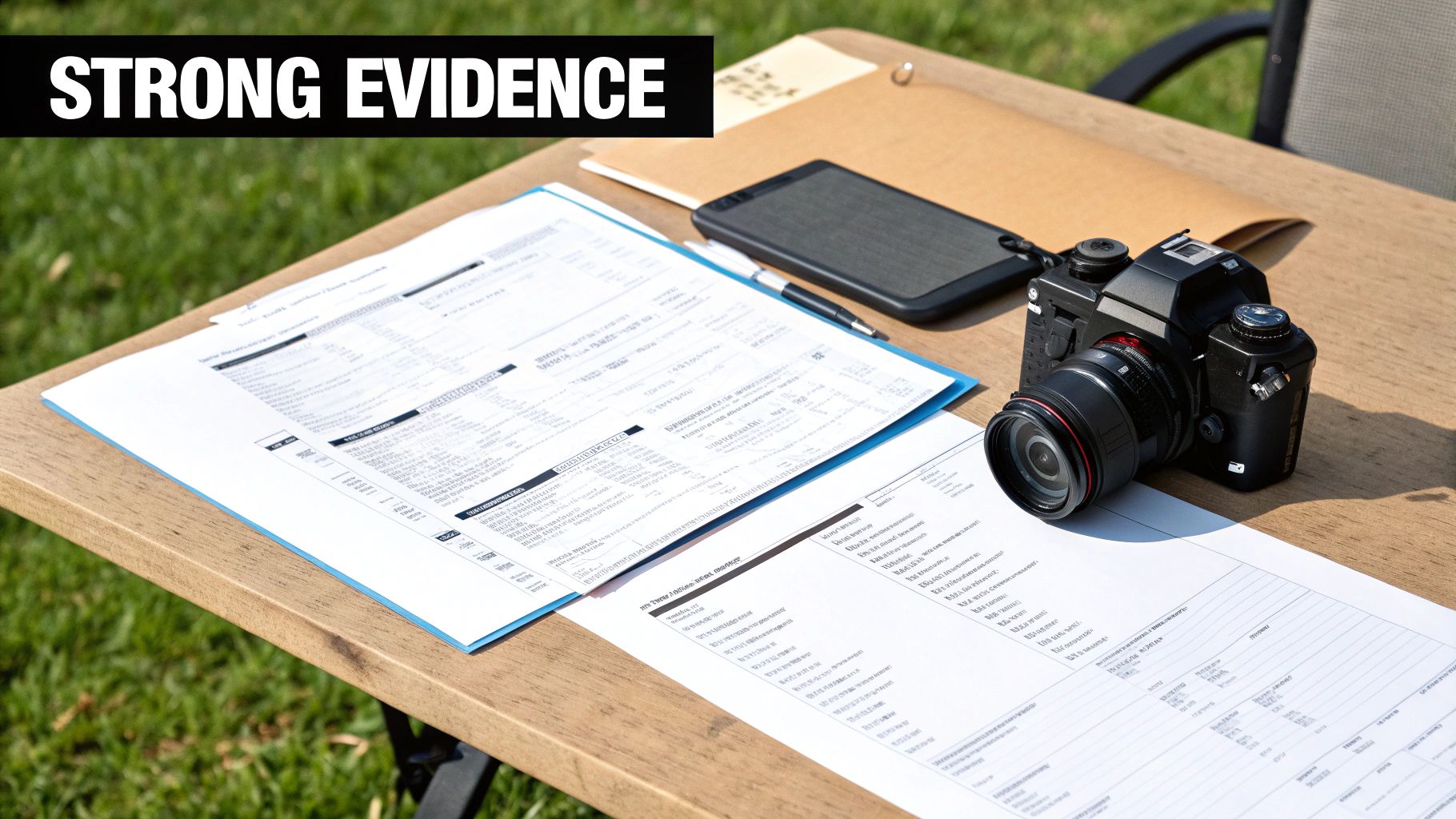 A person organizing documents and photos for an insurance claim