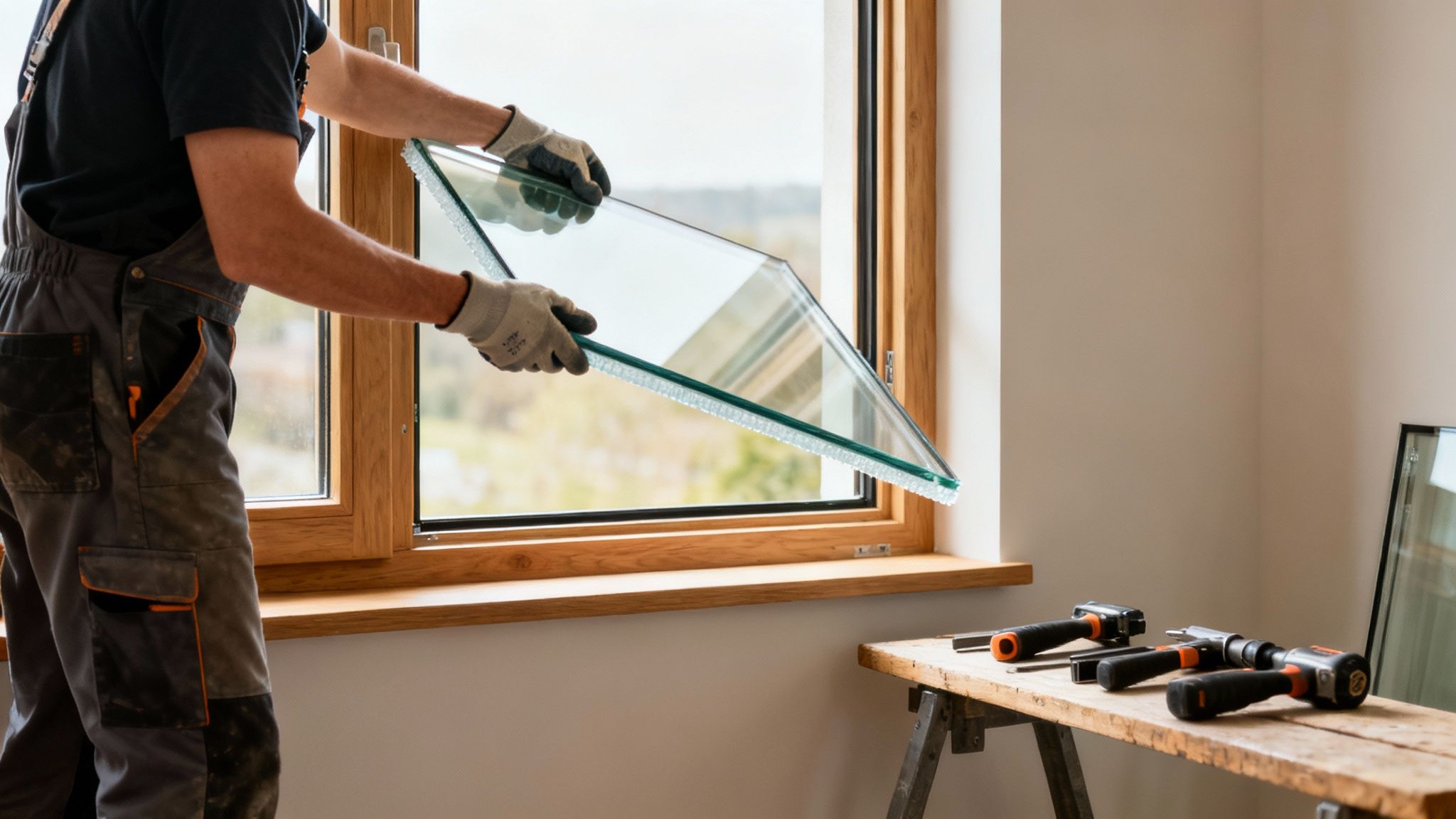A worker in gloves carefully installs a large double-glazed window pane into a wooden frame.