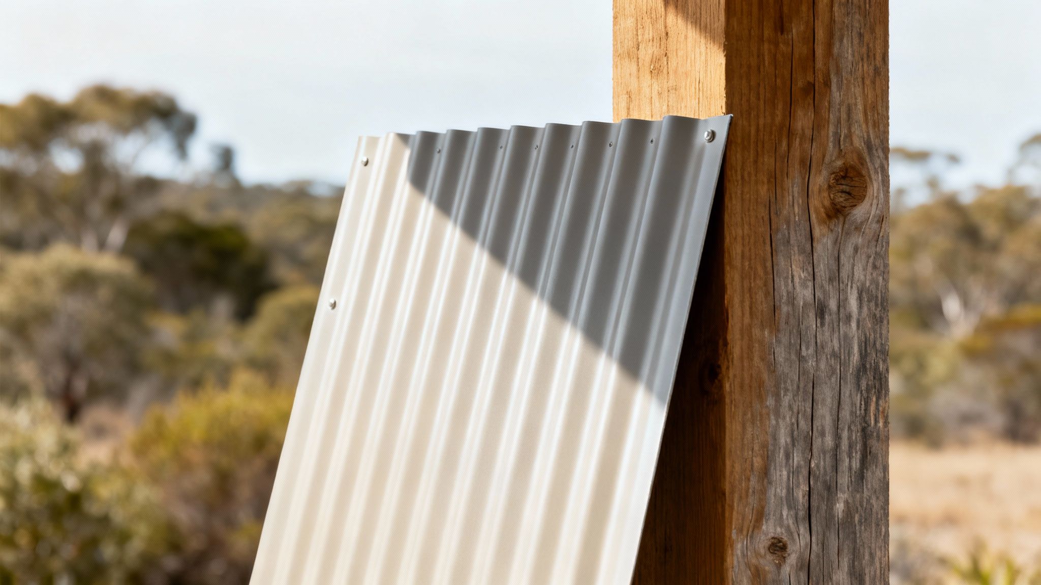 Corrugated metal sheet leaning against a weathered wooden post in a rural outdoor setting.