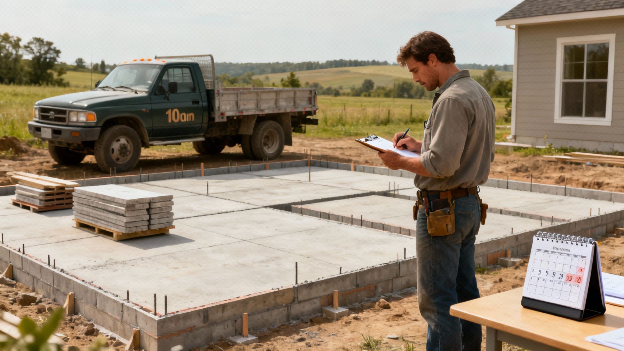 A builder reviewing blueprints at a construction site in rural NSW.