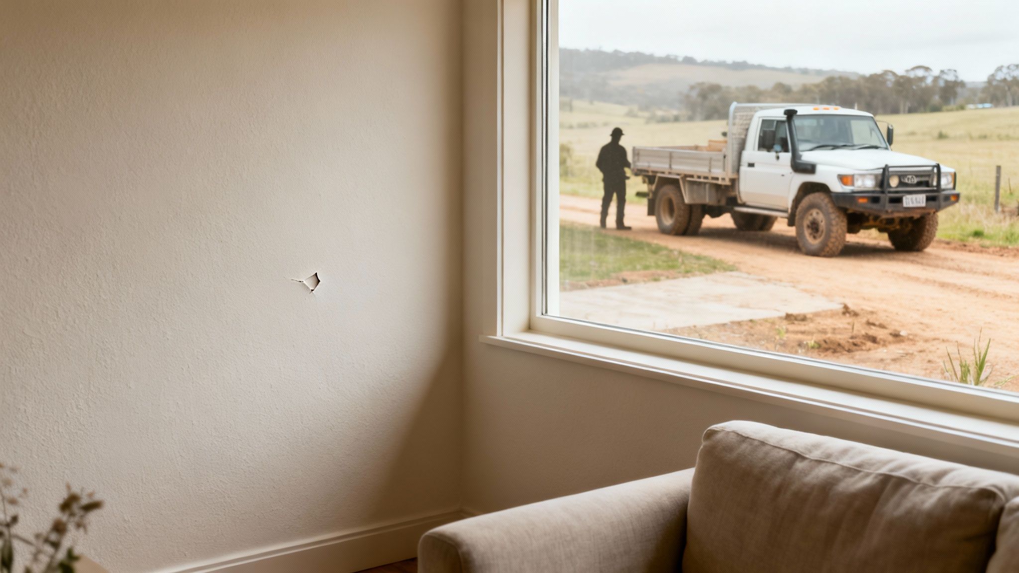 Damaged cream wall with a diamond-shaped hole, overlooking a rural landscape with a truck.