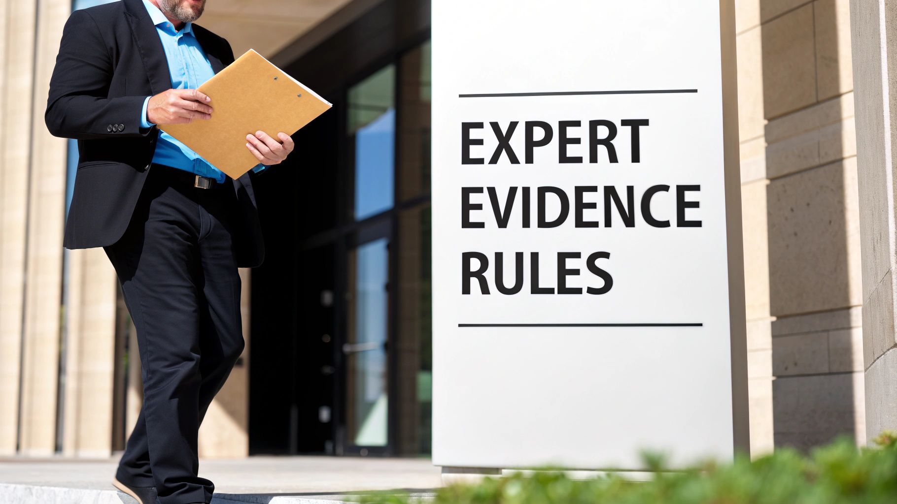 A man in a suit holding a folder stands next to a sign displaying "EXPERT EVIDENCE RULES".