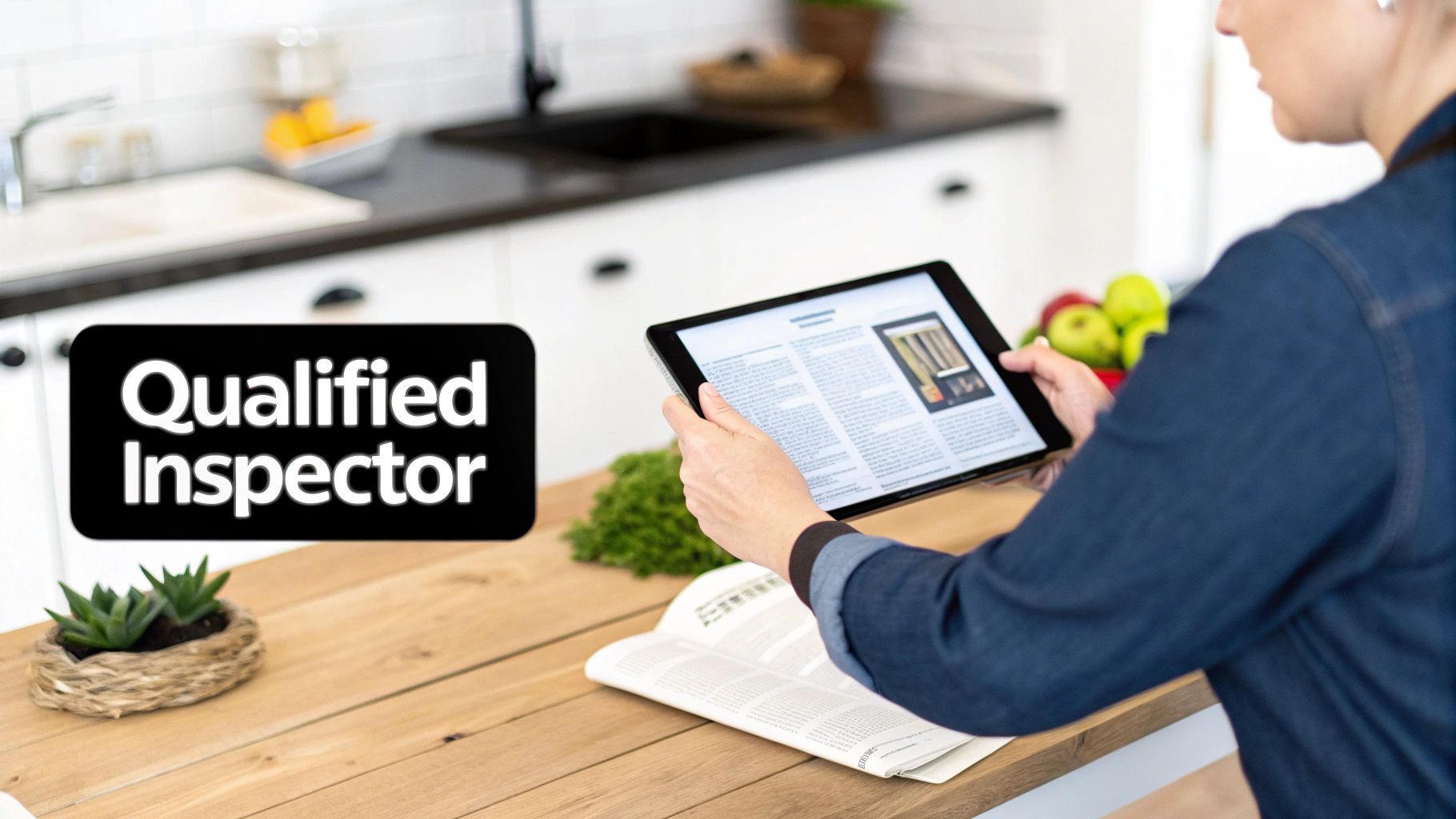 A building inspector using a tablet to document findings while inspecting the interior of a house under construction.