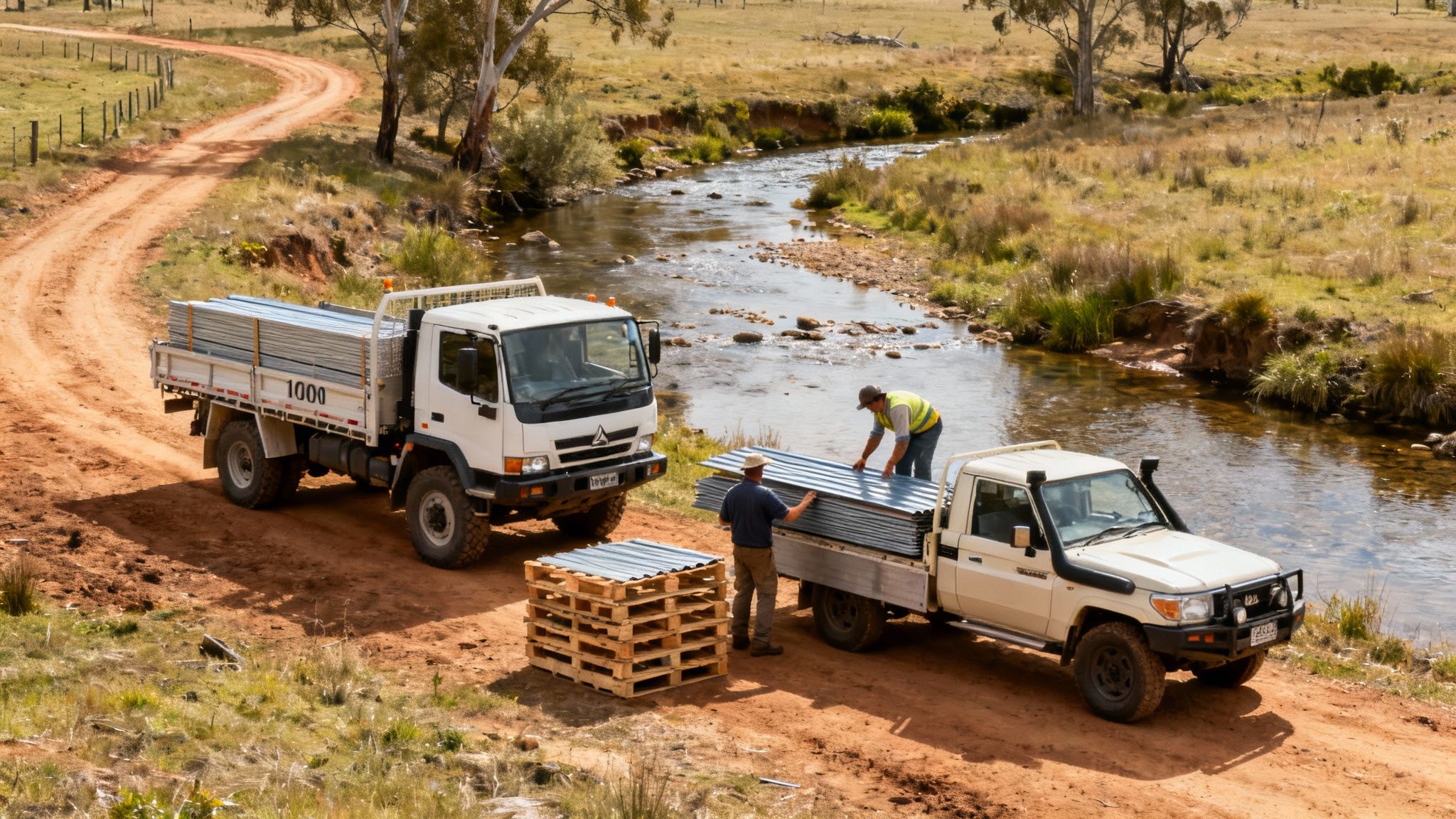 Two men unload corrugated metal sheets from one truck to another by a river on a dirt track.