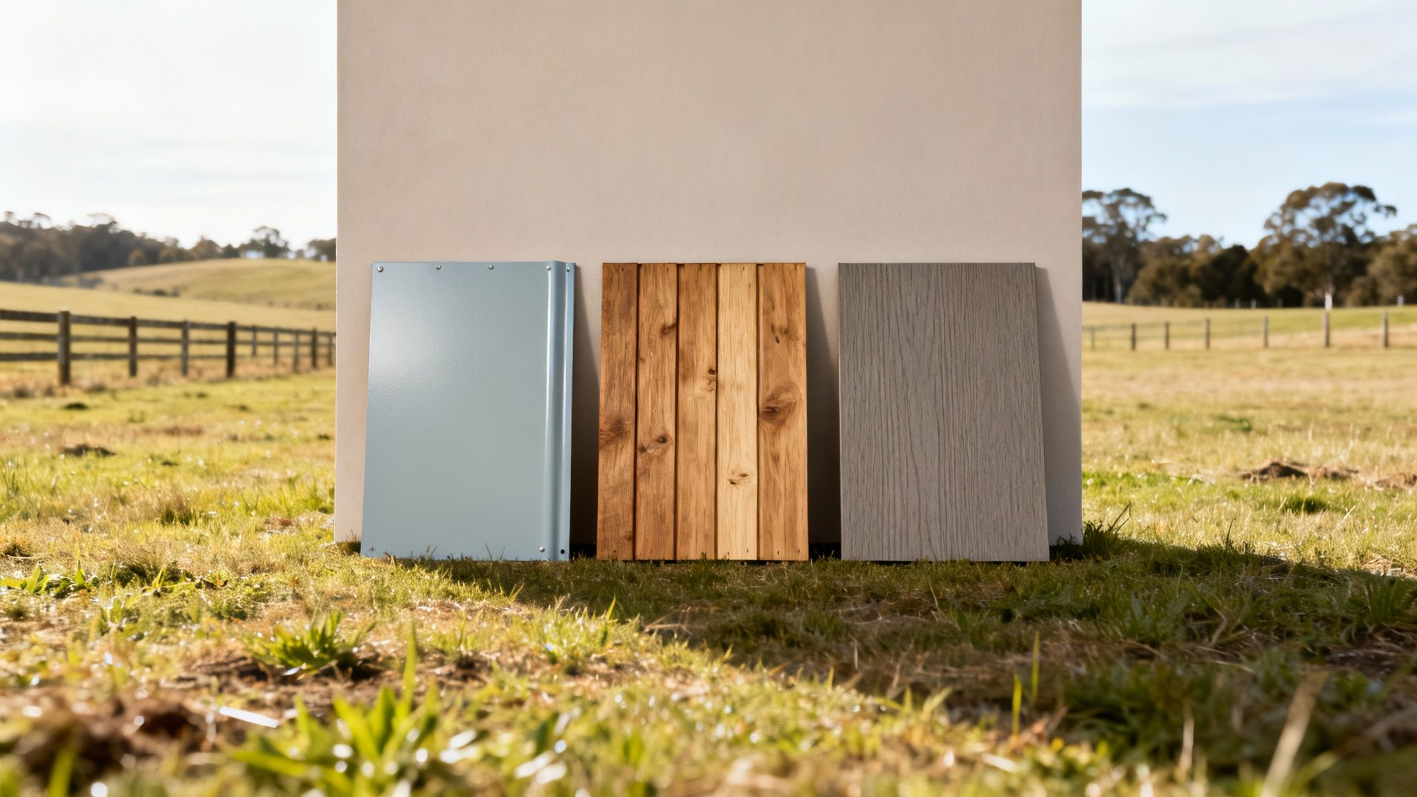 Exterior cladding samples: light blue panel, wooden planks, and grey textured material in a field.