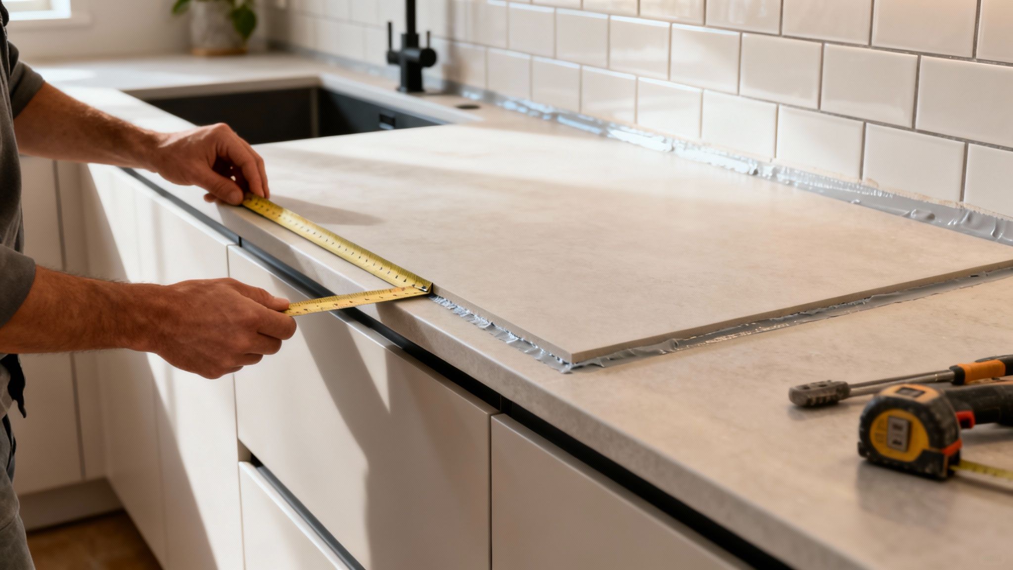 Hands measuring a new kitchen countertop with a tape measure during installation.