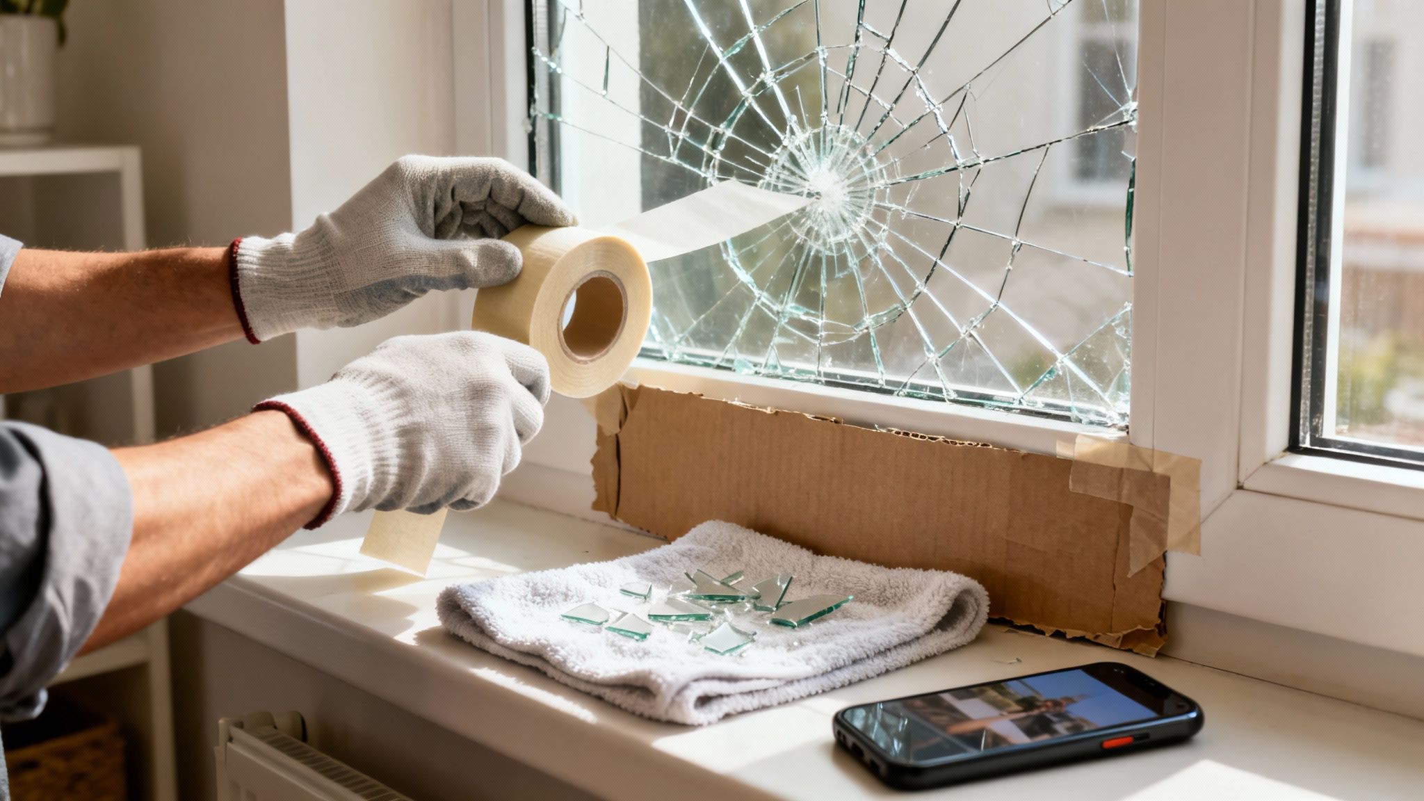 Person in gloves taping a shattered window with tape, next to broken glass on a towel.