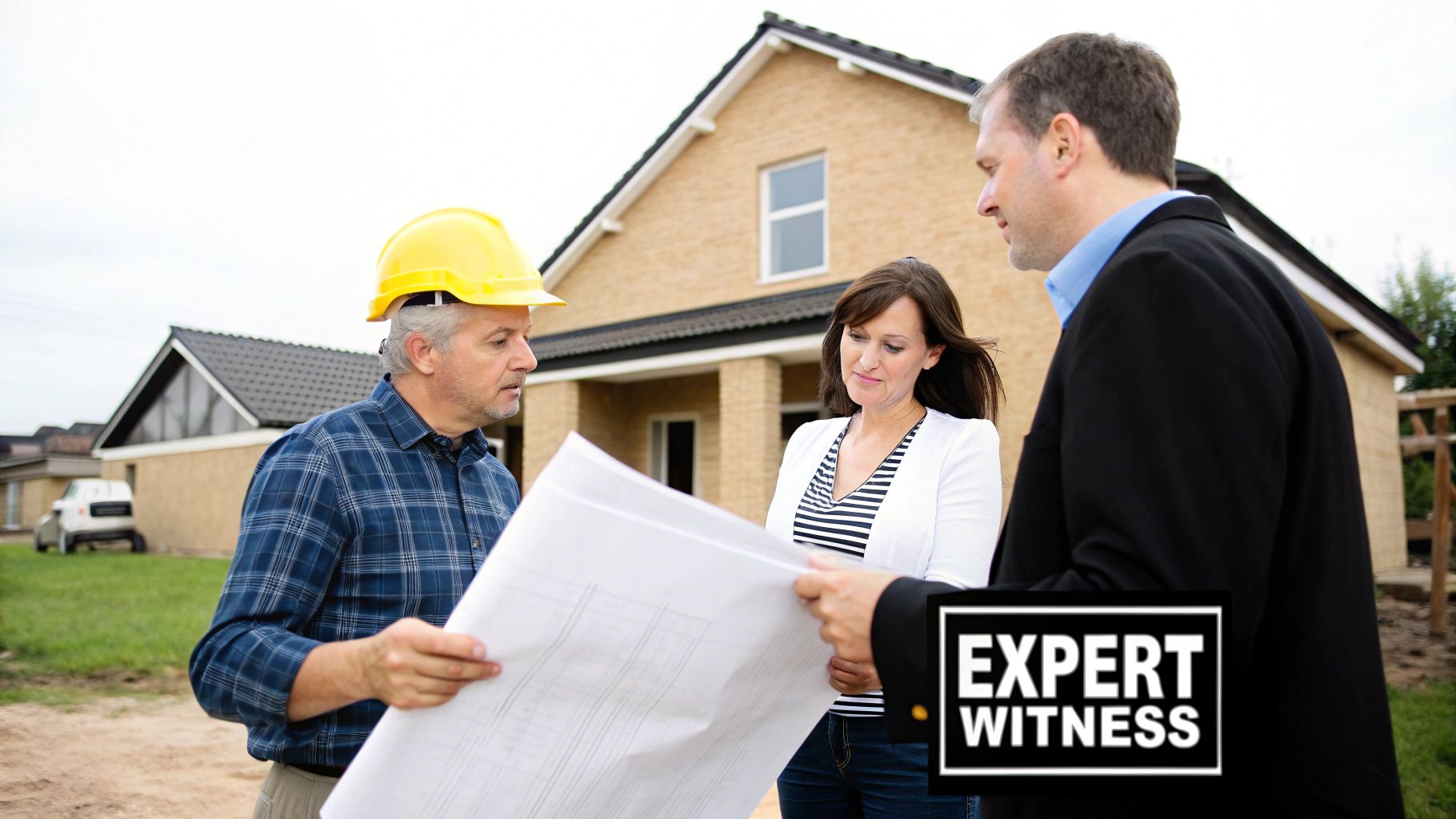 A construction worker, a woman, and a man in a suit review building plans at a new house.
