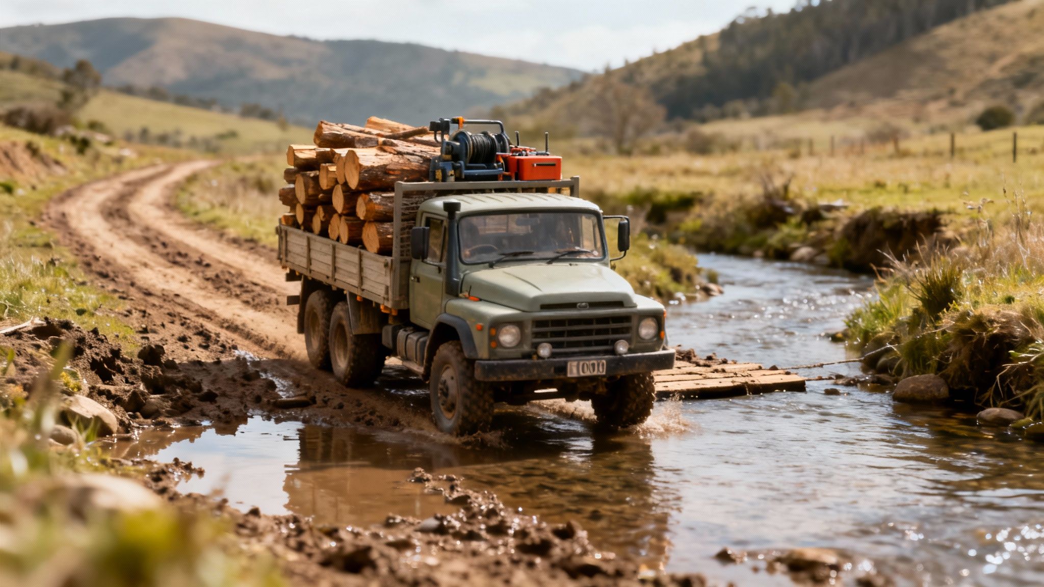 A green logging truck carrying logs drives through a muddy track and shallow stream in a rural landscape.