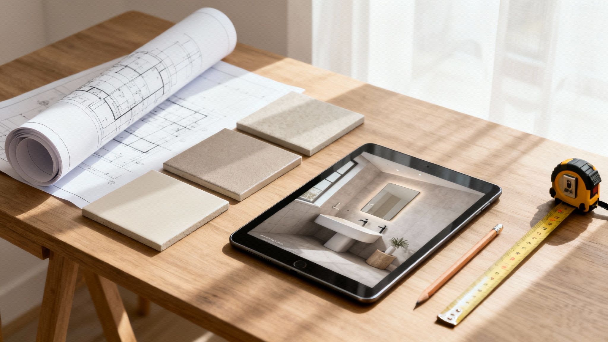 Architectural plans, floor tiles, and a tablet displaying a modern bathroom design on a wooden table.
