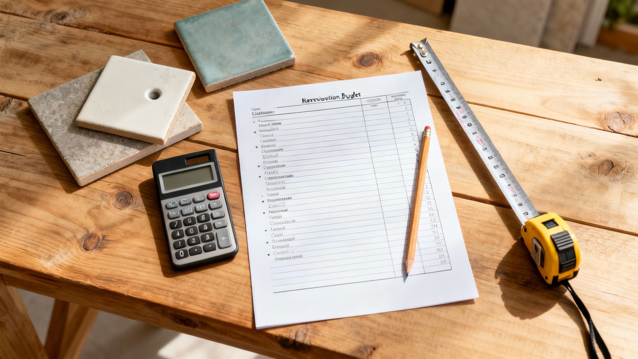 Renovation budget planning with a calculator, measuring tape, pencil, and tile samples on a wooden table.