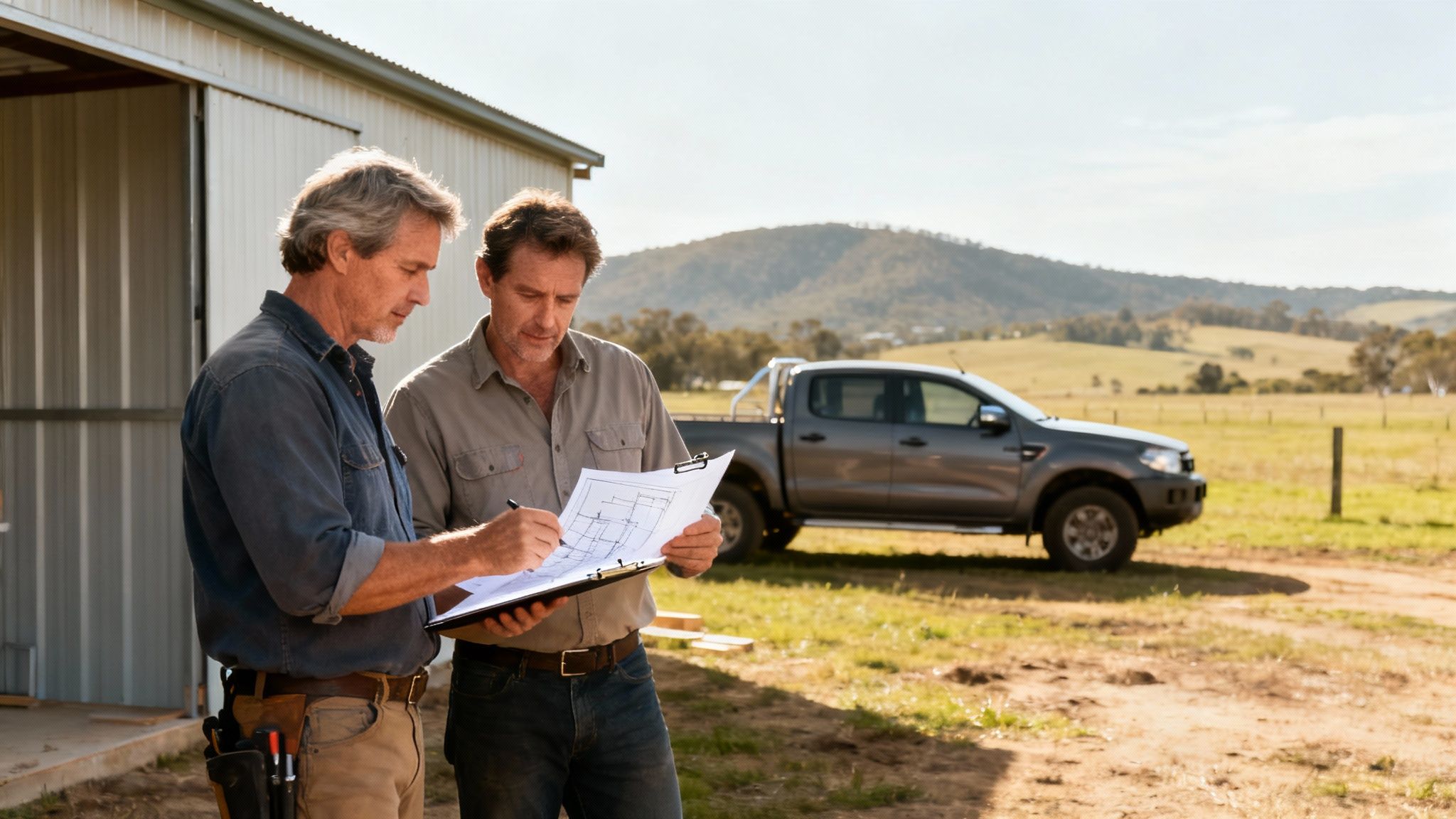 A professional builder reviewing blueprints on the bonnet of a 4x4 ute in a rural NSW setting.