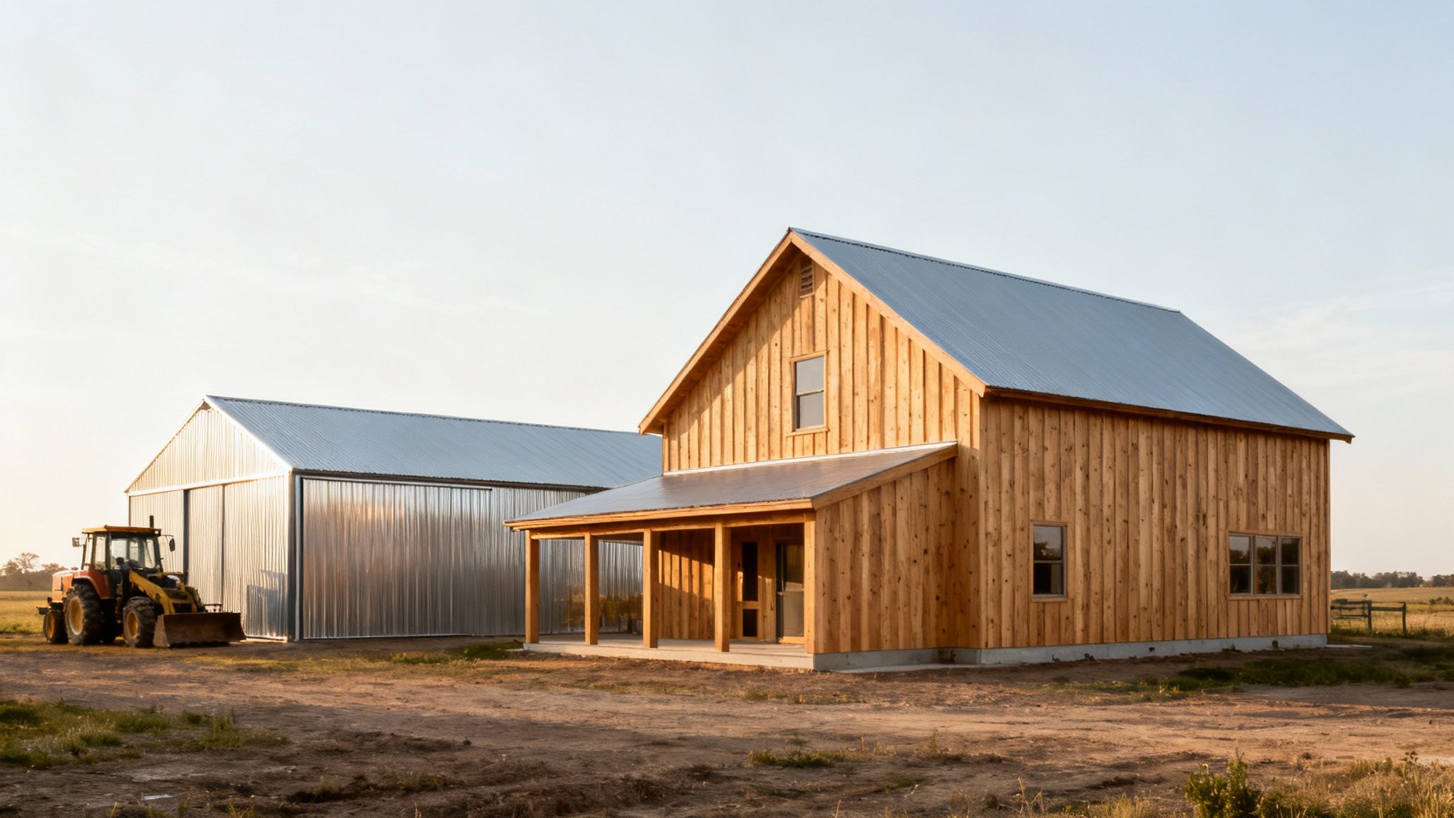 Modern wooden barn-style rural building with metal roof and attached agricultural storage shed