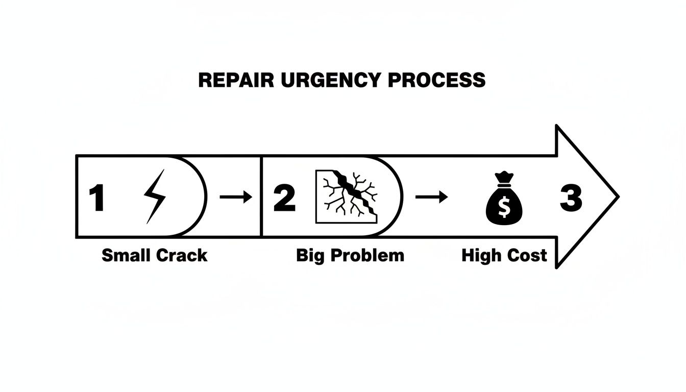 A diagram illustrating the repair urgency process: small crack escalates to a big problem with high cost.