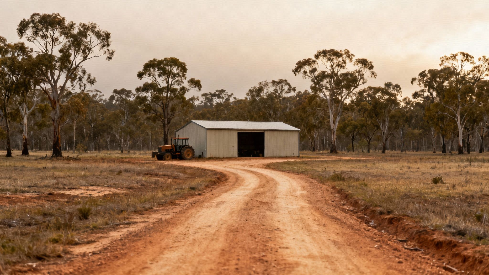 A dirt road leads to a rural metal shed with a tractor parked, surrounded by trees under a cloudy sky.
