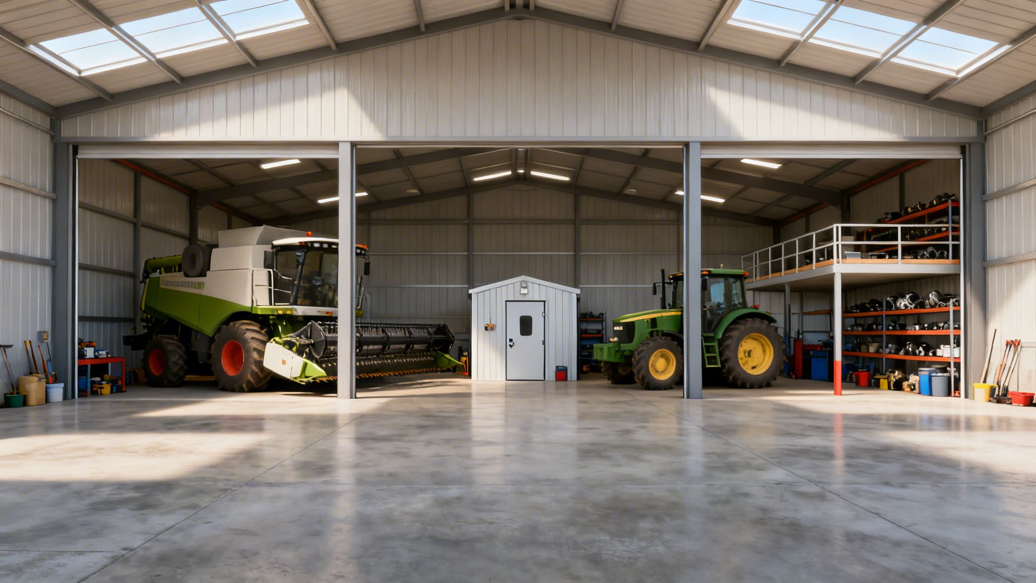 Spacious metal agricultural shed housing a green combine harvester, tractor, and organized storage.