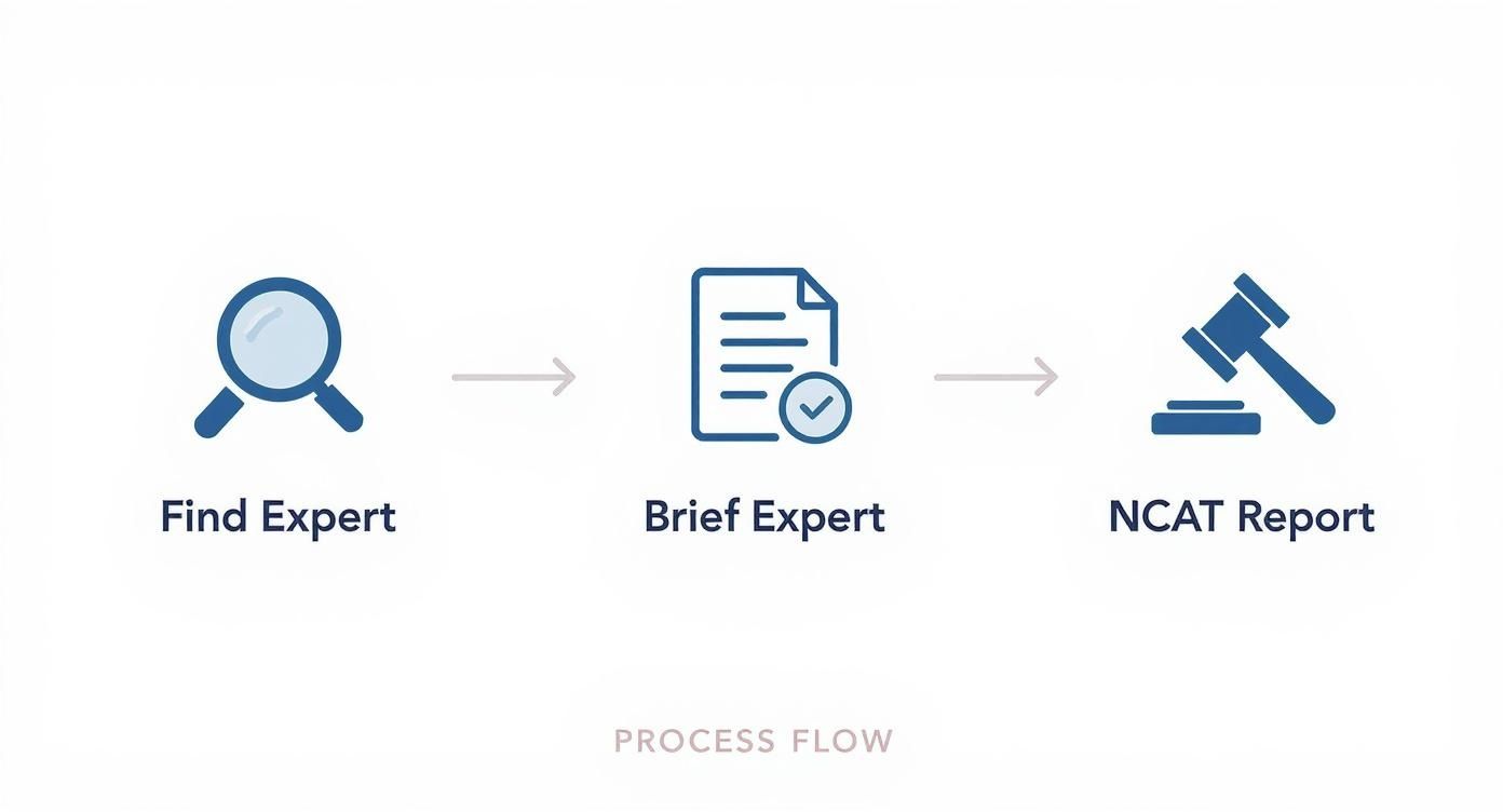 A blue icon process flow illustrating three steps: Find Expert, Brief Expert, and NCAT Report.