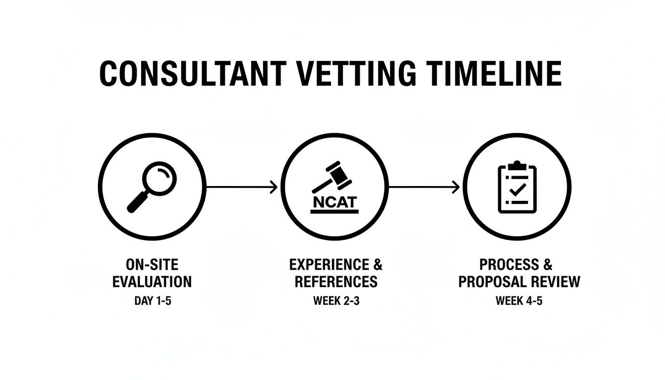 Consultant vetting timeline showing three phases: on-site evaluation, experience and references, and process and proposal review.