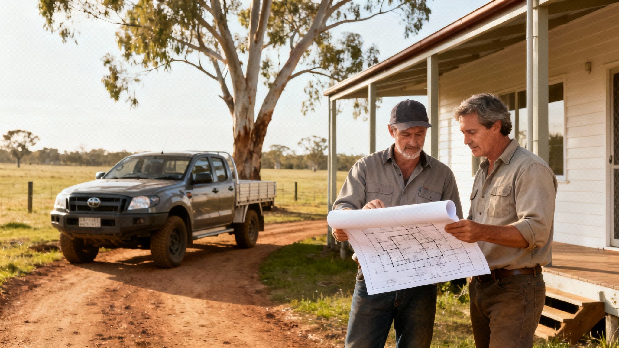 Two men, possibly builders or farmers, discuss building plans on a rural property with a truck.