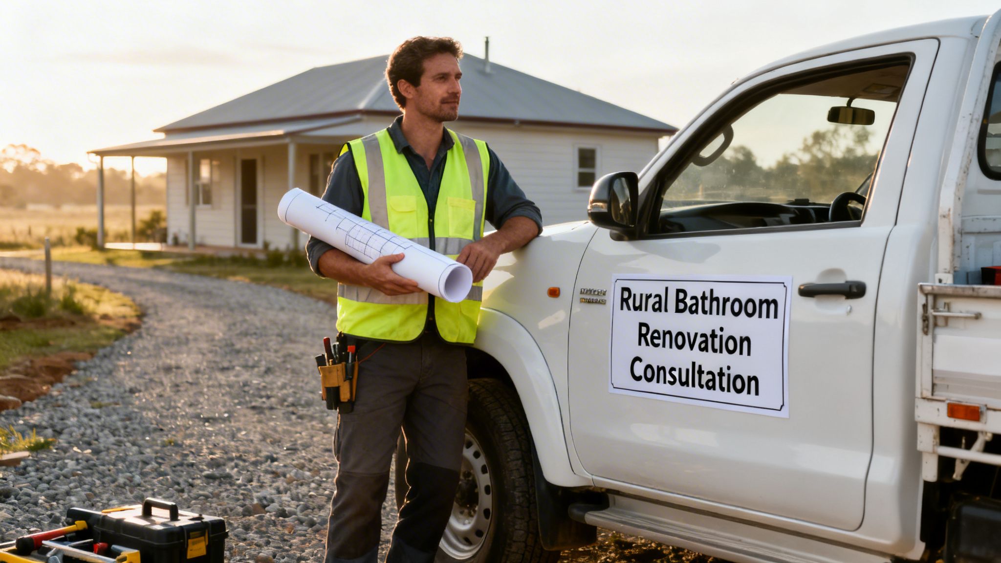 A contractor in a high-vis vest holds blueprints, leaning on a truck advertising rural bathroom renovations.