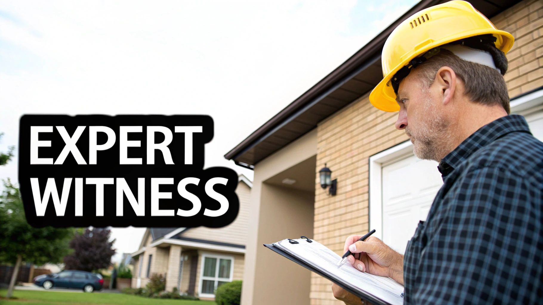 A building expert witness examining construction plans on-site.