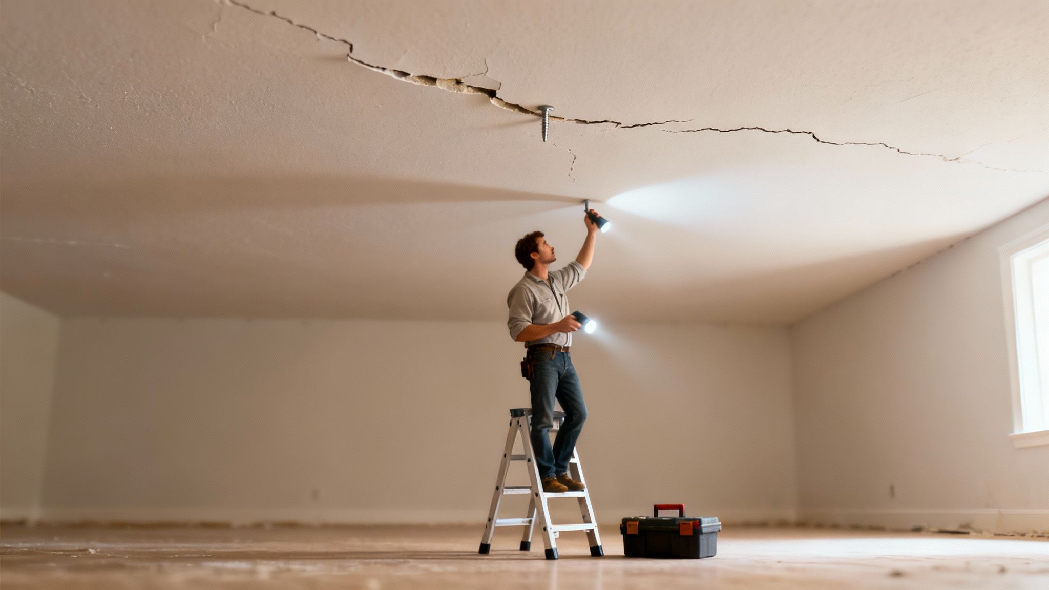 Man on a ladder inspecting a severely cracked gyprock ceiling with two flashlights.