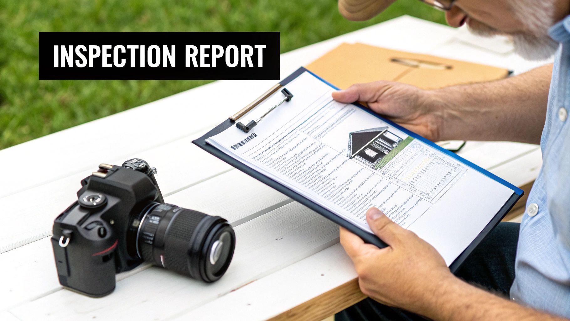 A person reviews a detailed inspection report with a house diagram, next to a camera.