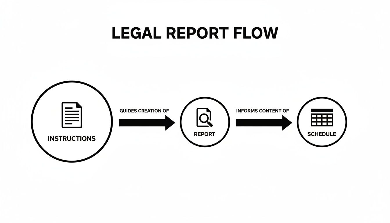 A diagram illustrating the legal report flow, from instructions guiding report creation to informing the schedule.