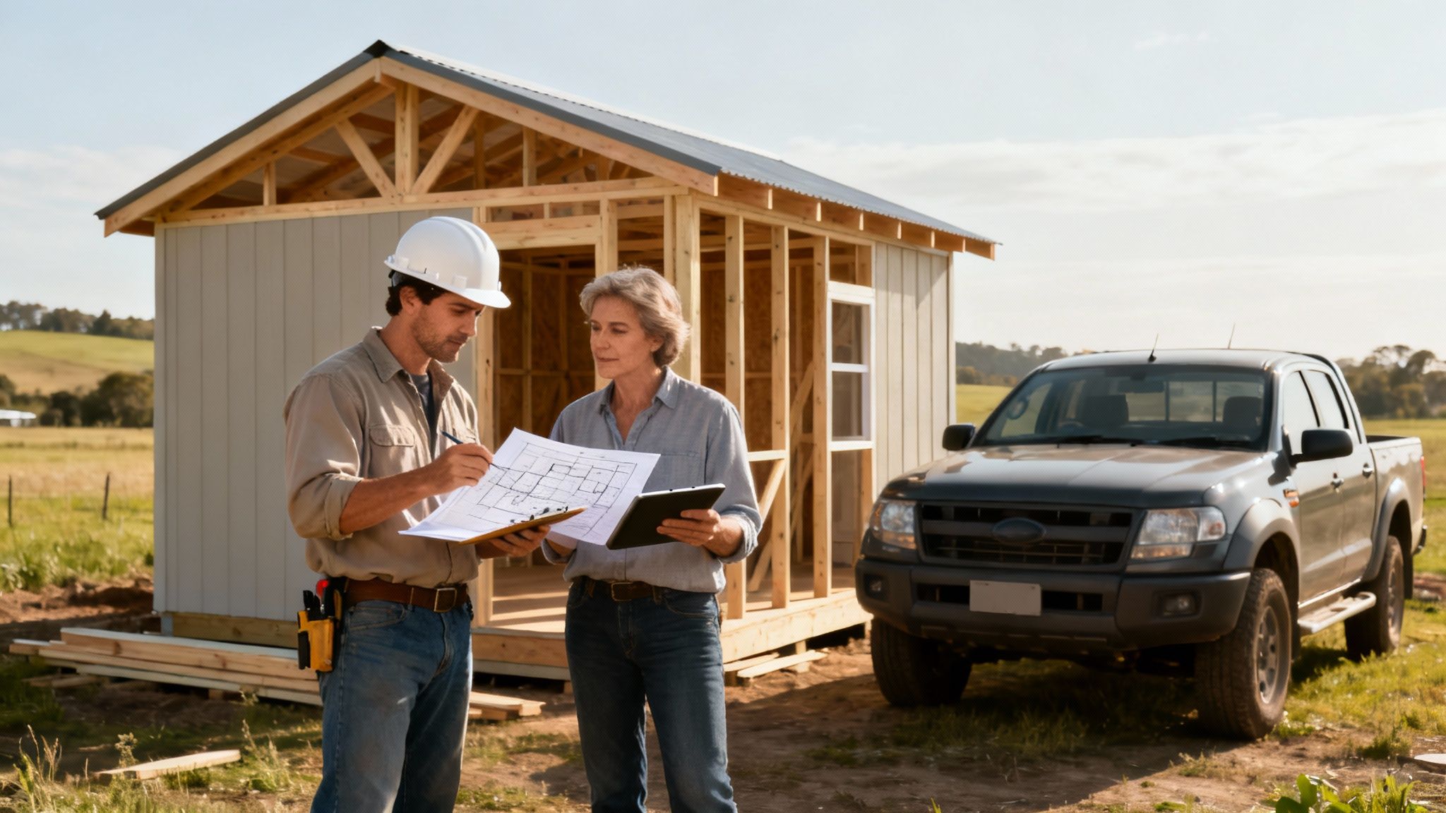 A rural shed builder discussing plans with a client on a rural property.