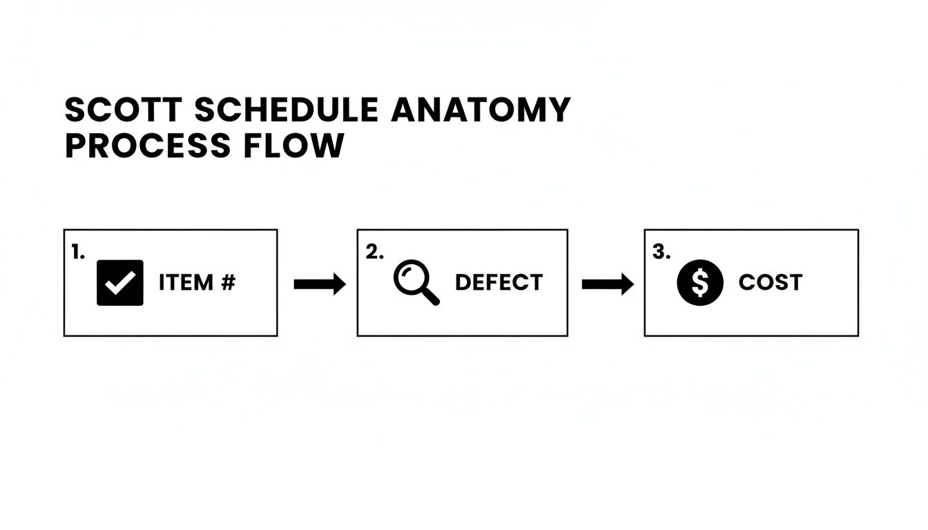 A Scott Schedule process flow diagram illustrating three sequential steps: Item, Defect, and Cost.