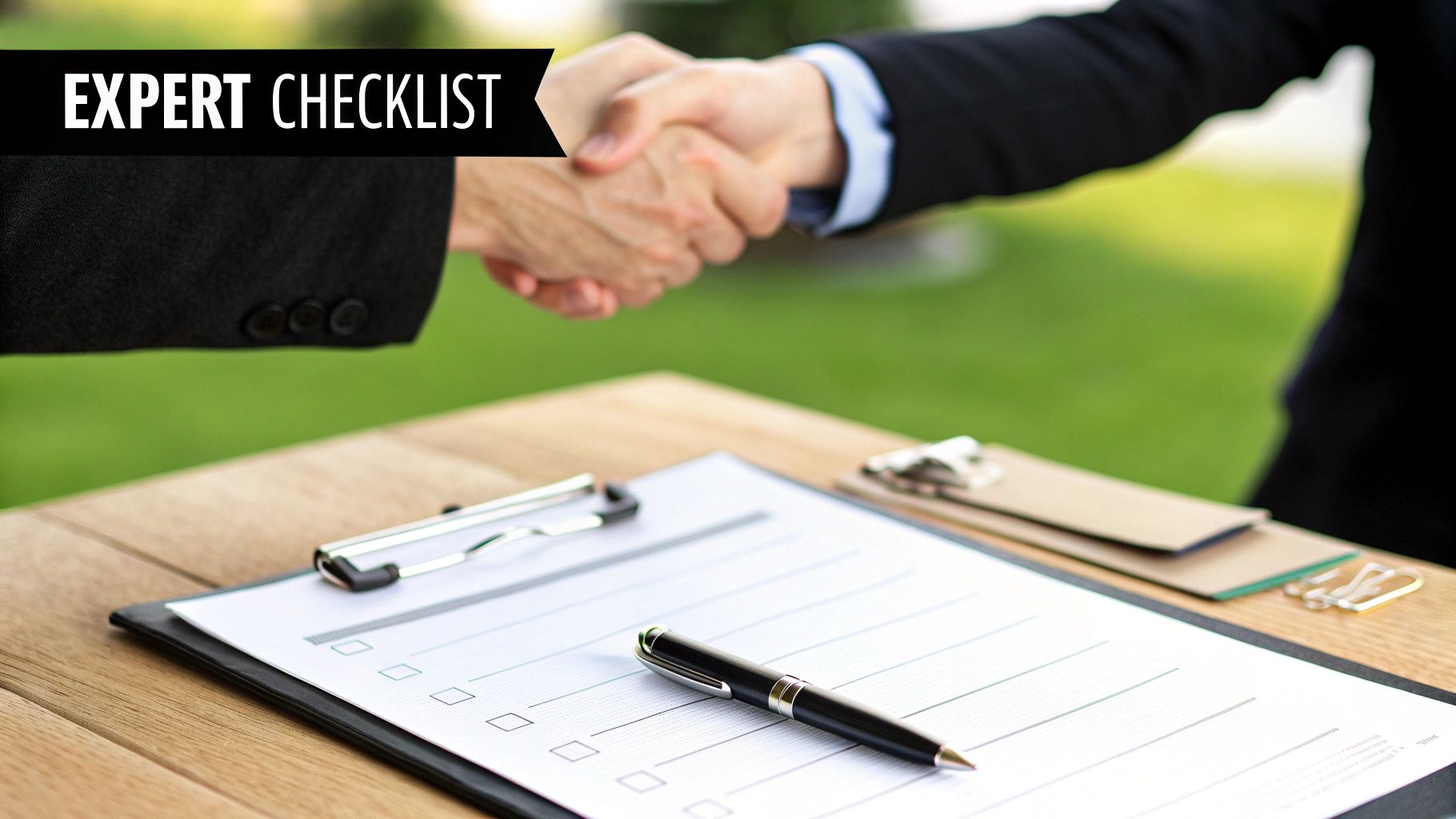 Two professionals shaking hands over a checklist and pen, representing an expert agreement.