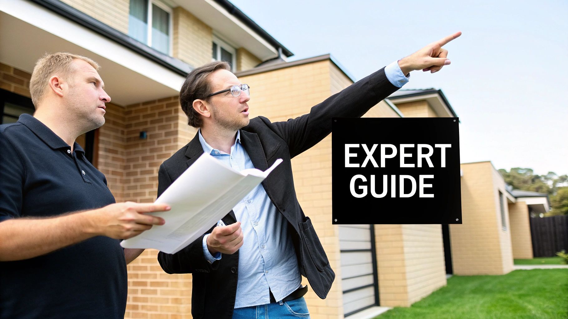 Two men, one pointing, discussing a property with an 'Expert Guide' sign nearby.