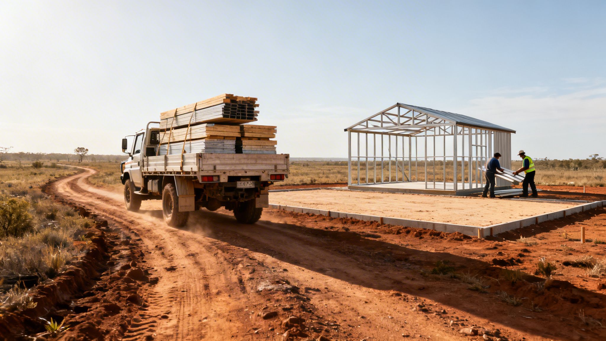 A truck delivers building materials on a dusty dirt road to a construction site in a rural area, where workers are building a metal frame shed.