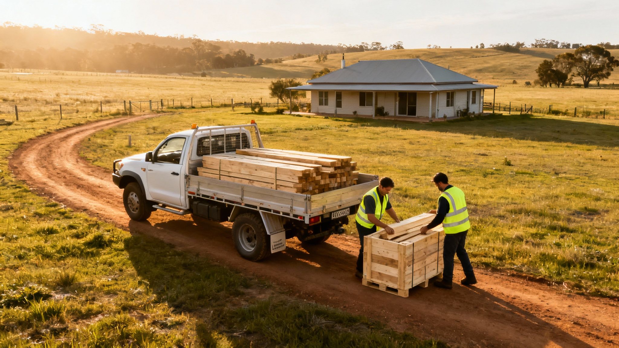 Two workers in high-visibility vests unload timber from a truck on a rural dirt road.