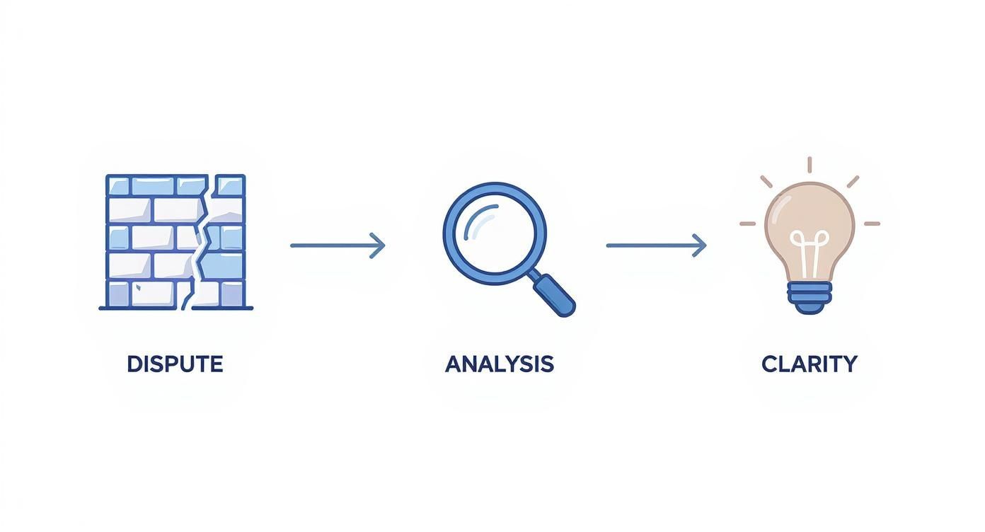 A visual process from dispute (cracked wall) through analysis (magnifying glass) to clarity (lightbulb).