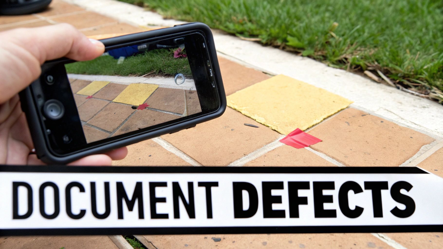 A close-up of a person marking a defect on a wall with tape during a practical completion inspection.