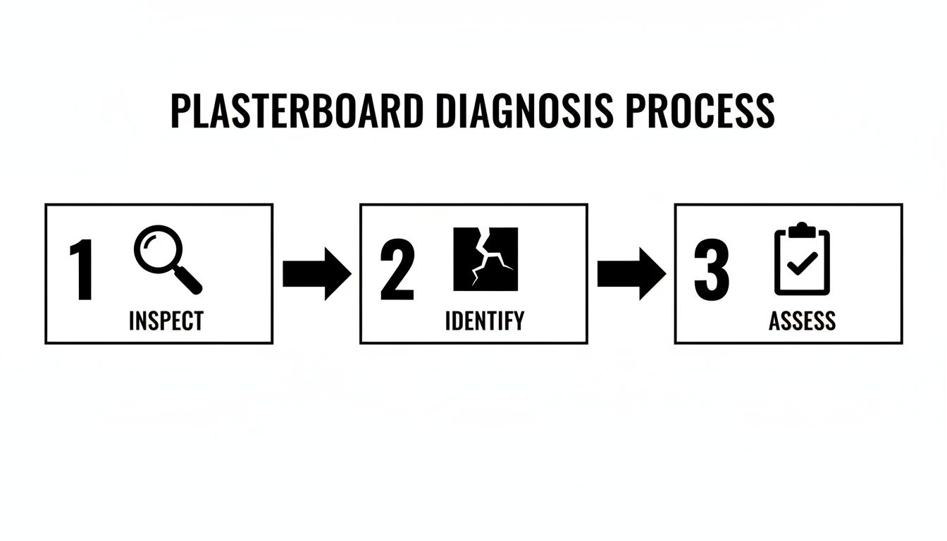 Flowchart detailing the three-step plasterboard diagnosis process: inspect, identify, and assess.