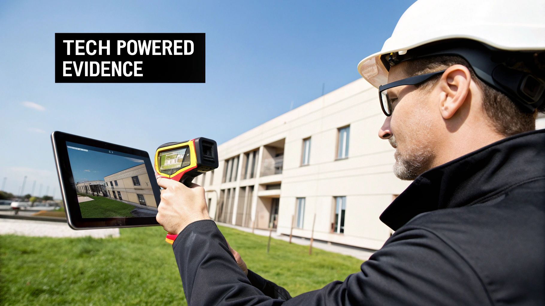 Building consultant using thermal imaging camera and tablet to inspect modern building exterior